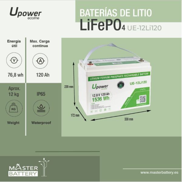 Batería de Litio monobloque de 12.8 V – 120 Ah – 4S4P – 330*172*220 mm de Masterbattery - Imagen 4