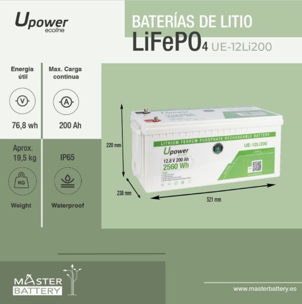 Batería de Litio monobloque de 12.8 V – 200 Ah – 4S4P – 521*238*220 mm de Masterbattery  - Imagen 4